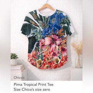 Pima Embellished Tropical Print Tee Chico’s size zero